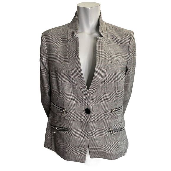 Veronica Beard Black White Red Wool Blend Houndstooth Blazer Size 12 - Picture 2 of 8